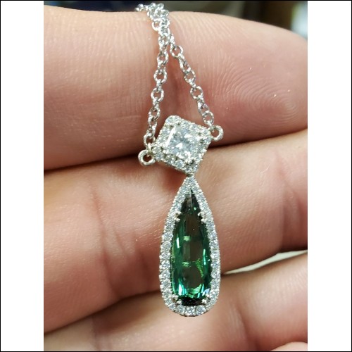 Order for $3,000  2.79Ctw Moving Long Green Tourmaline Pear & Gia D Color Internally Flawless Princess Diamond Necklace 18kwg by Jelladian ©